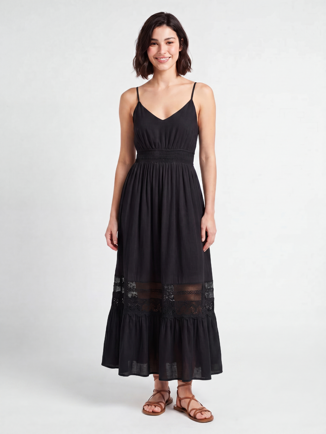 Celine V-neck lace-trim tiered maxi dress in blue — front view