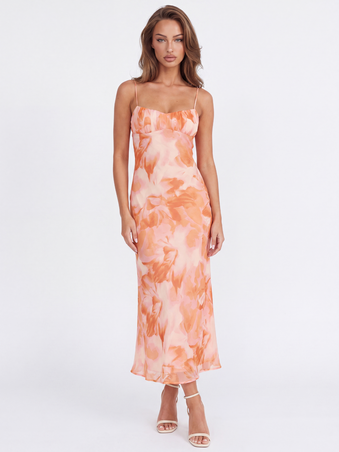 Fleur low-back twist floral print maxi dress in orange — front view