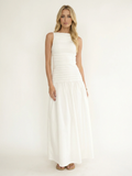 Nina high-neck pintuck drop-waist maxi dress in white — front view
