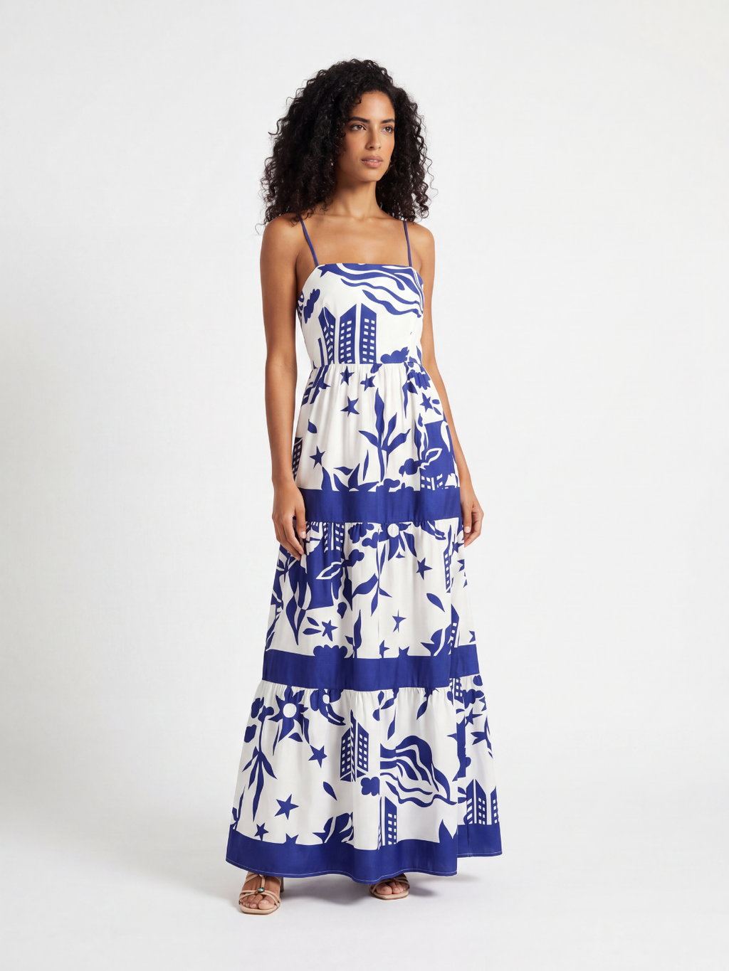 Ivy square-neck tiered maxi dress in blue tropical print — front view