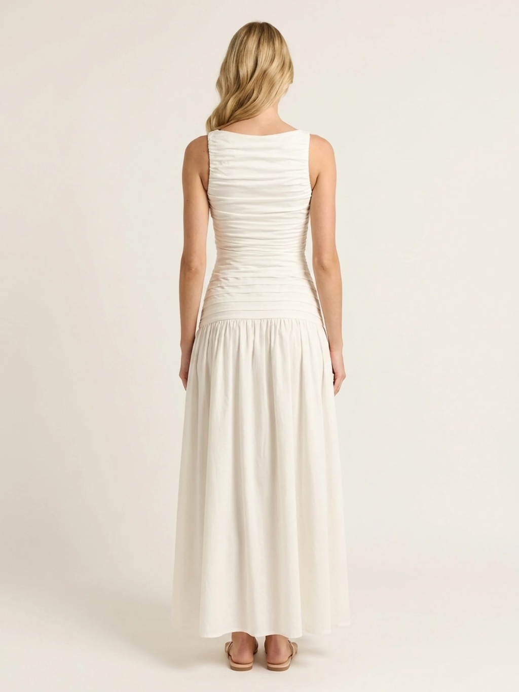 Nina high-neck pintuck drop-waist maxi dress in white — back view