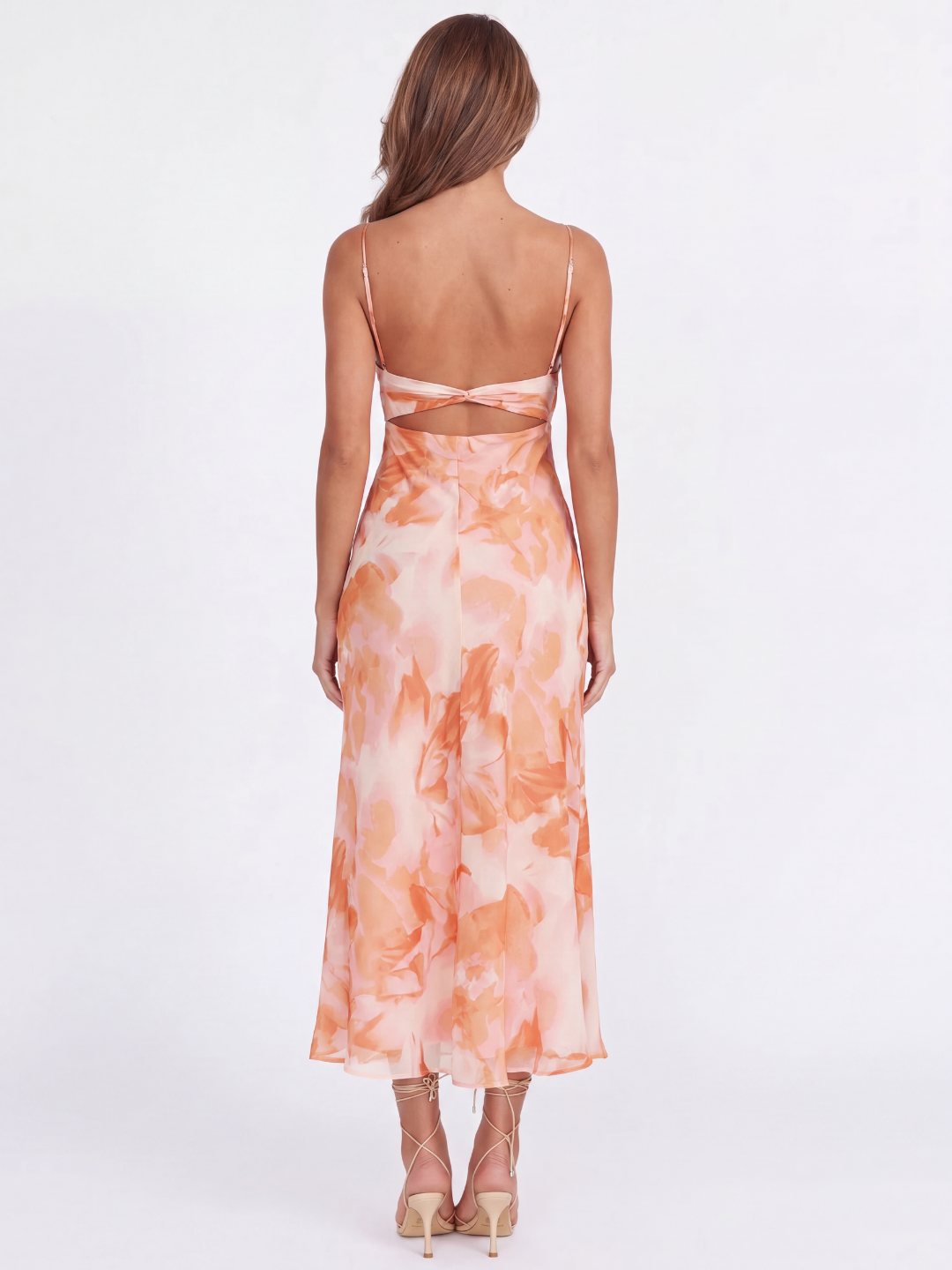 Fleur low-back twist floral print maxi dress in orange — back view