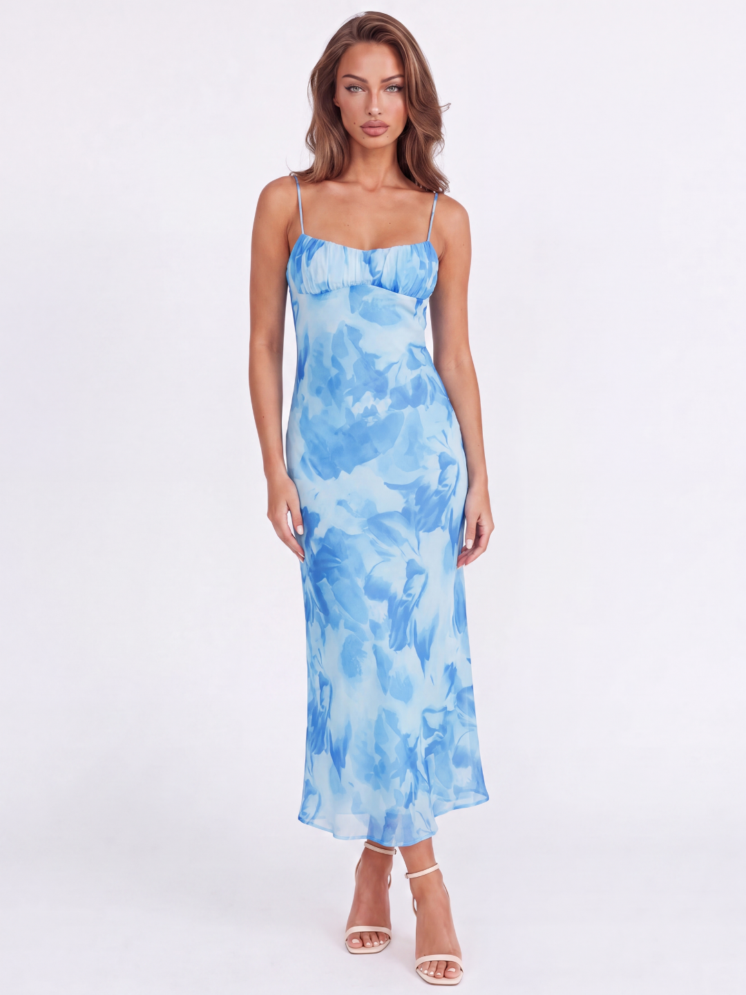 Fleur low-back twist floral print maxi dress in blue — detail view