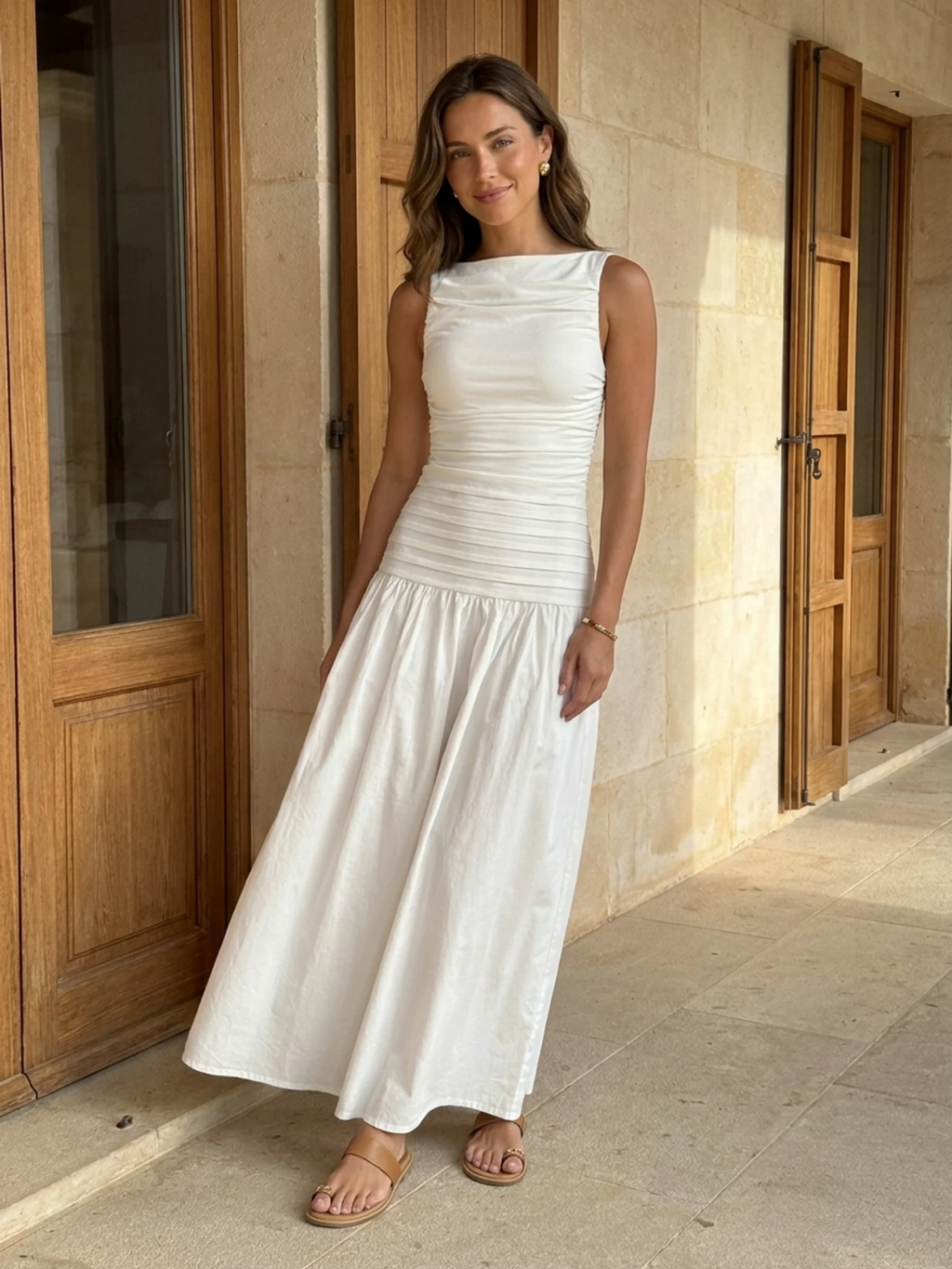 Nina high-neck pintuck drop-waist maxi dress in white — side view