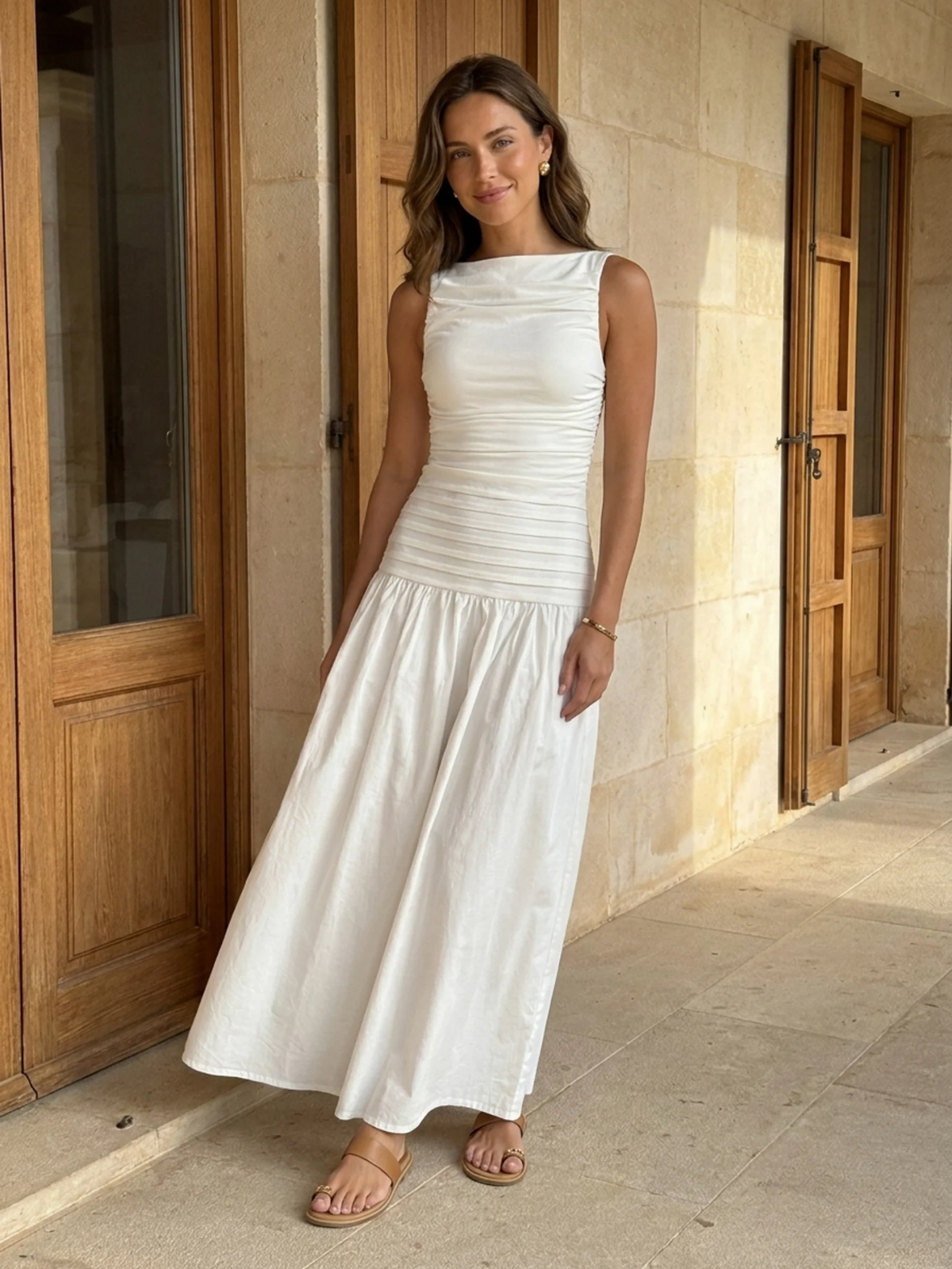 Nina high-neck pintuck drop-waist maxi dress in white — side view