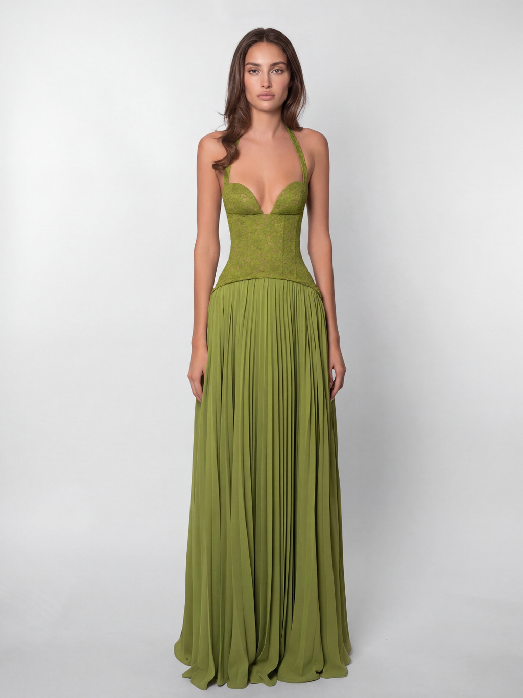 Vada lace corset halterneck pleated maxi dress in green — front view