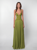 Vada lace corset halterneck pleated maxi dress in green — front view