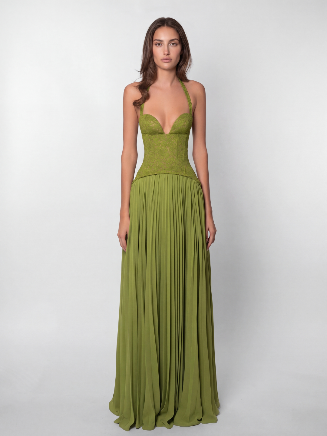 Vada lace corset halterneck pleated maxi dress in green — front view