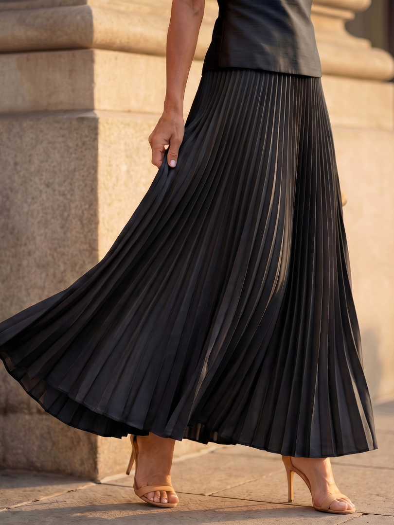 Rhodes boat-neck shell top and pleated maxi skirt two-piece set — full-length view
