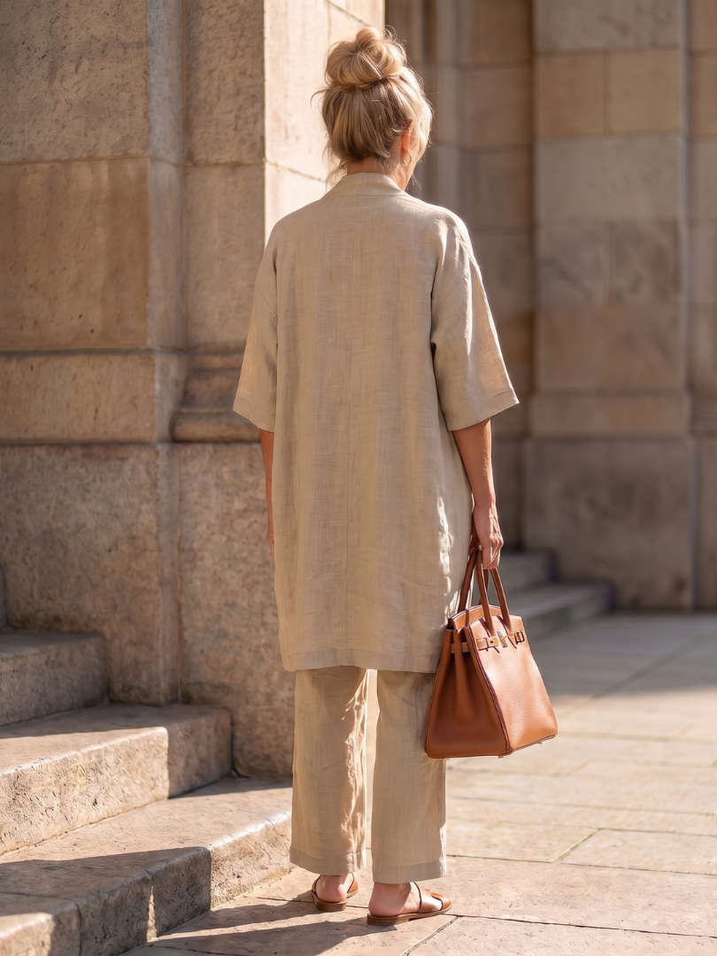 Yael duster, shell top and wide-leg trouser three-piece set — front view