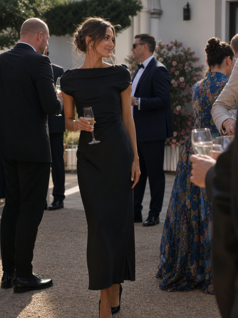 Elure boat-neck side-ruched satin-finish midi dress — back view