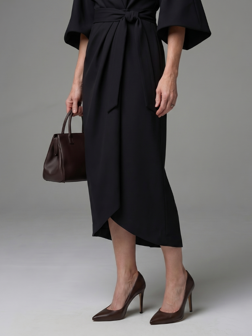 Beryl balloon-sleeve sculpted-waist wrap midi dress — front view