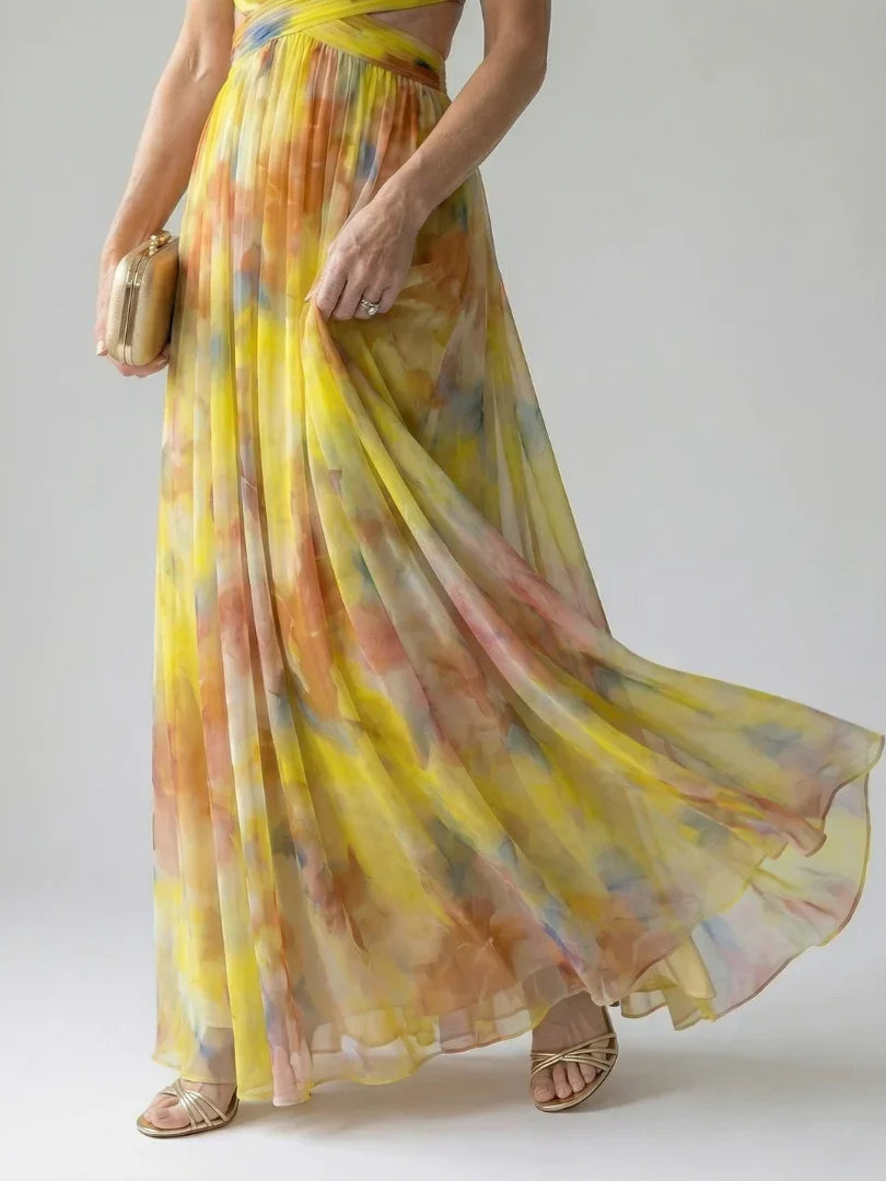 Isel watercolour floral ruched wrap maxi dress — full-length view