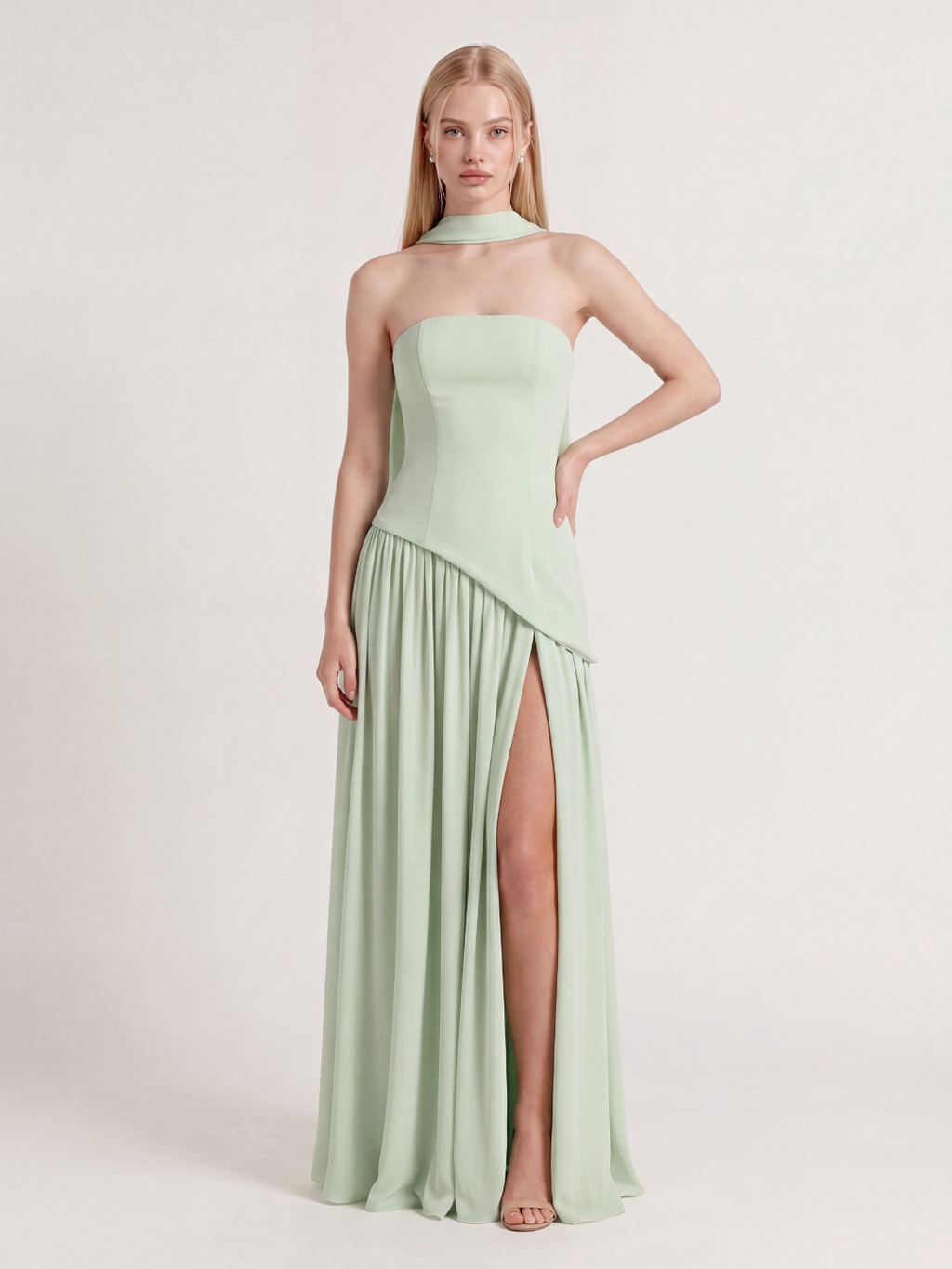 Sasha strapless asymmetric contrast maxi dress in red — back view