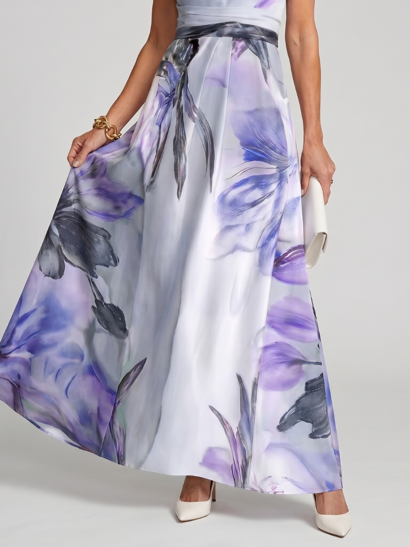 Hester watercolour floral halterneck maxi dress with sash — full-length view