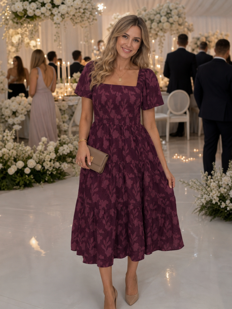Elaria textured floral square-neck tiered midi dress — back view