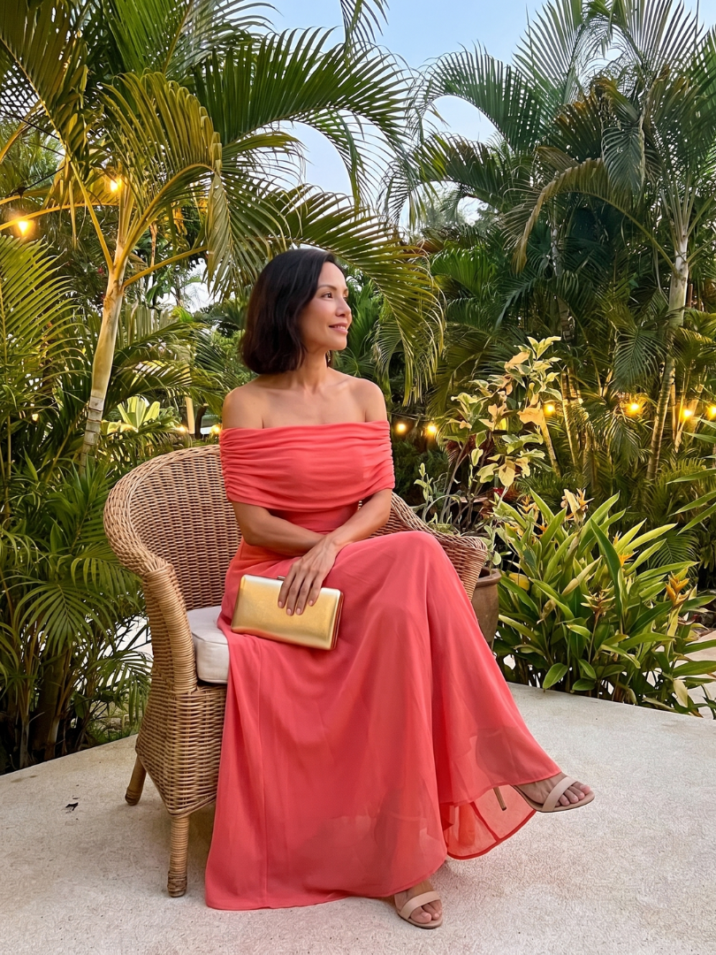June off-shoulder draped-band maxi dress — detail view