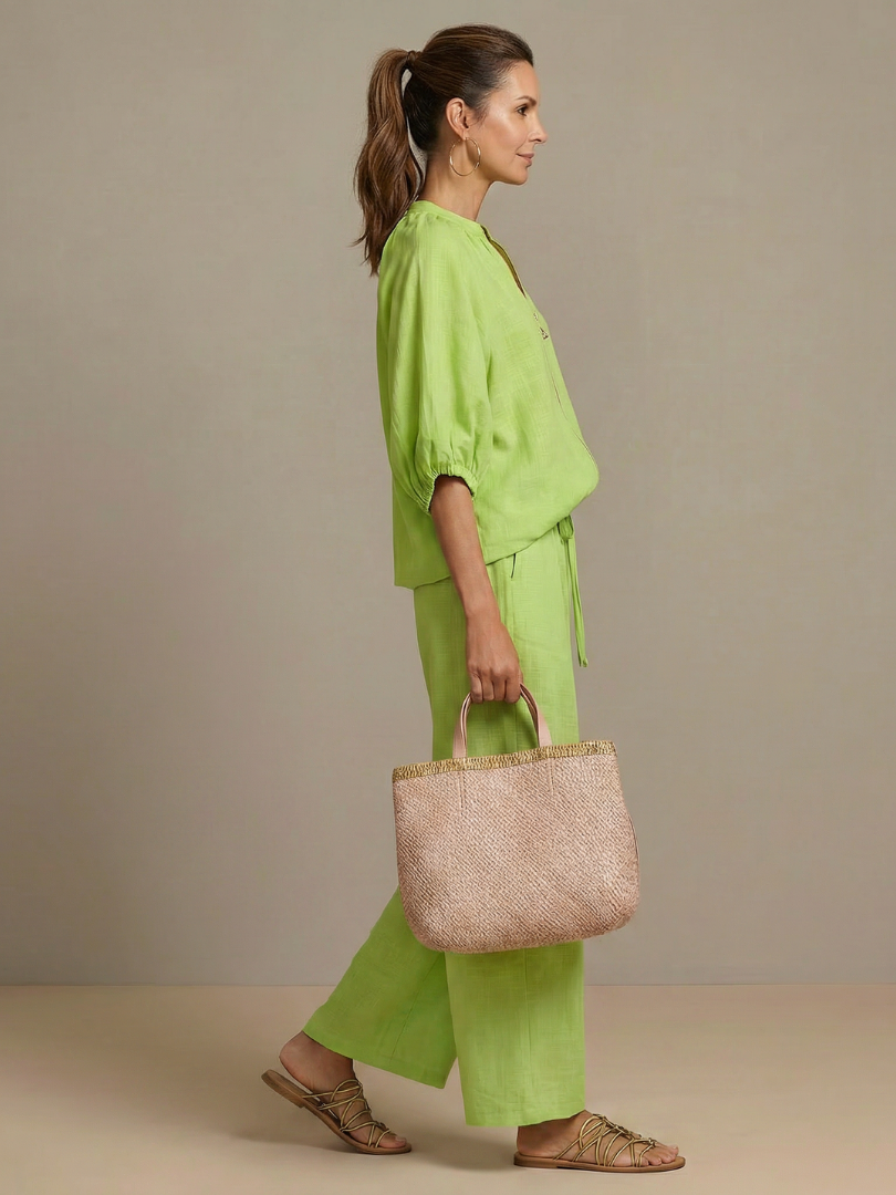 Natalia zip-front blouson top and wide-leg trouser two-piece set — full-length view