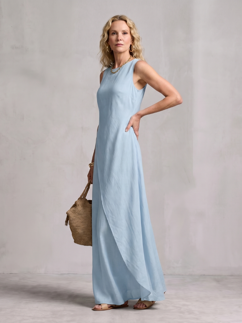 Hyacinth asymmetric wrap-panel high-neck maxi dress — full-length view