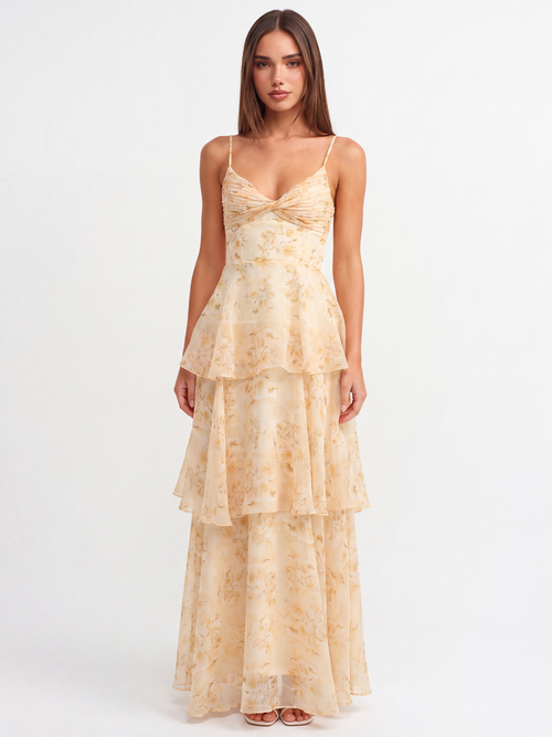 Ada pleated twist-front tiered maxi dress in Light Yellow floral — front view