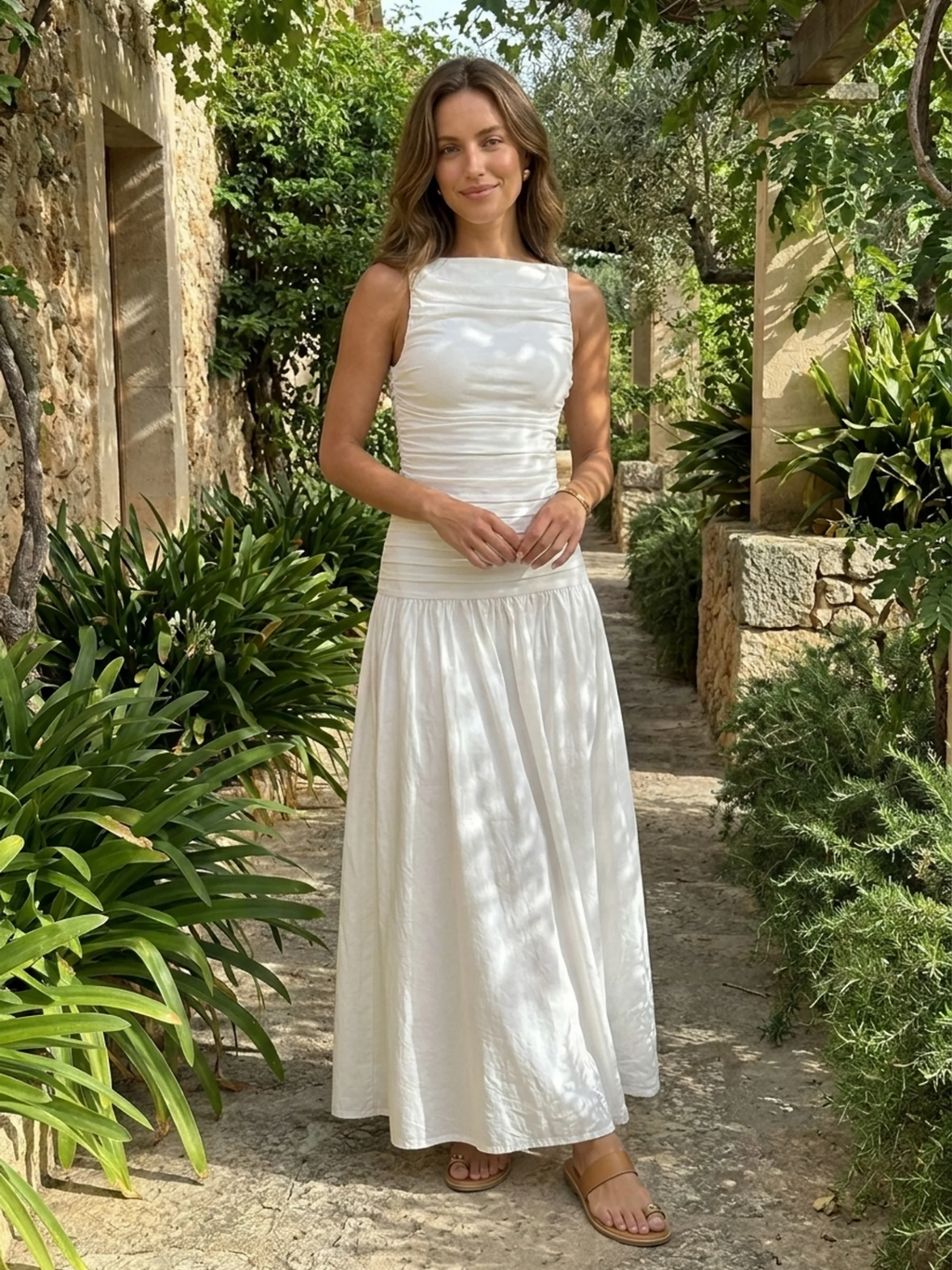 Nina high-neck pintuck drop-waist maxi dress in white — detail view