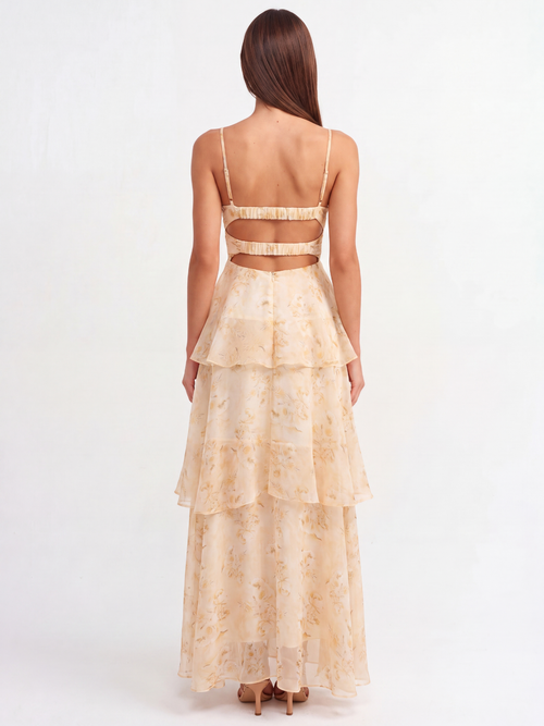 Ada pleated twist-front tiered maxi dress in Light Yellow floral — back view