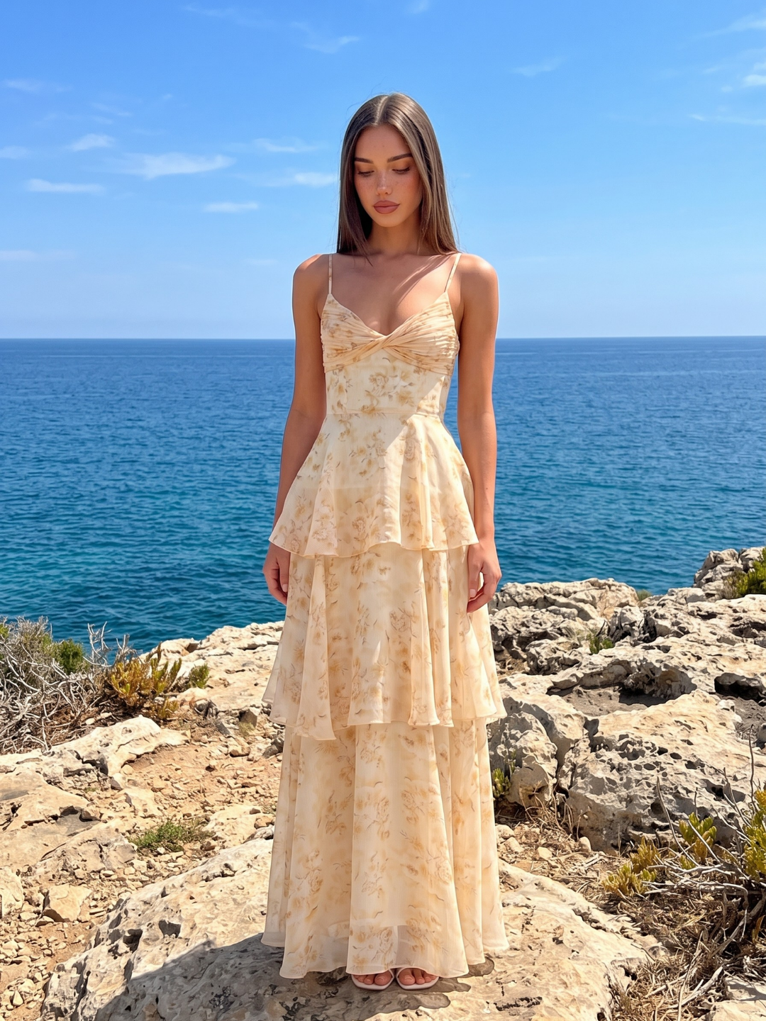 Ada pleated twist-front tiered maxi dress in Light Yellow floral — side view