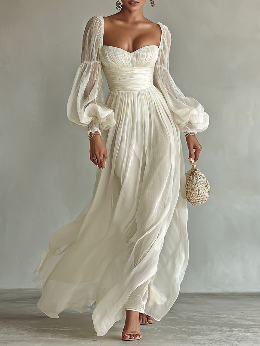 Verity sweetheart corset chiffon maxi dress with puff sleeves — front view