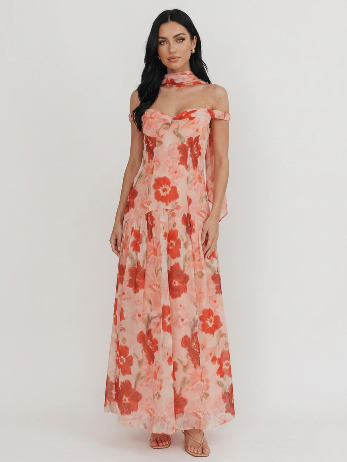Bree floral off-shoulder maxi dress in red — front view