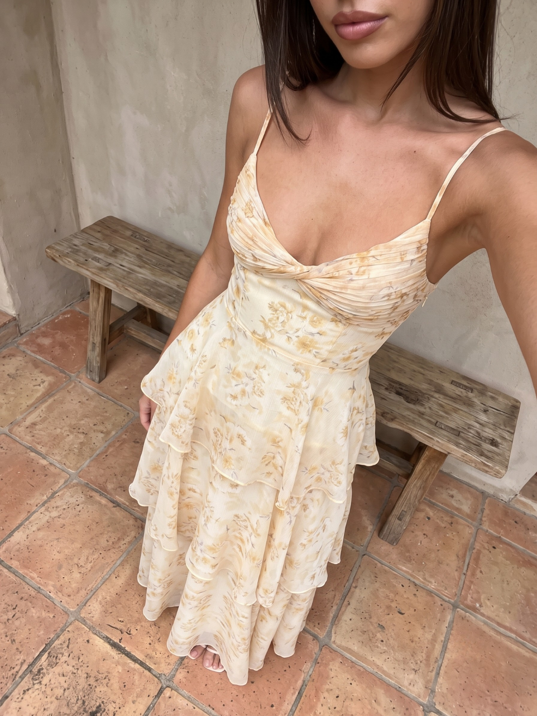 Ada pleated twist-front tiered maxi dress in Light Yellow floral — bodice detail