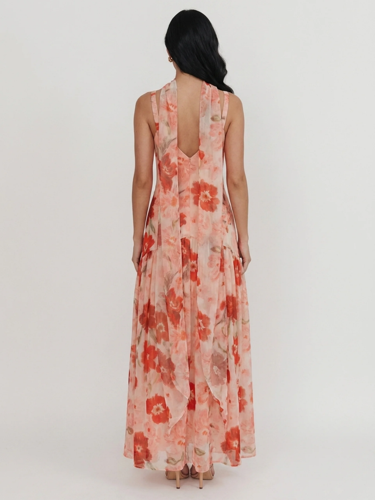 Bree floral off-shoulder maxi dress in red — back view