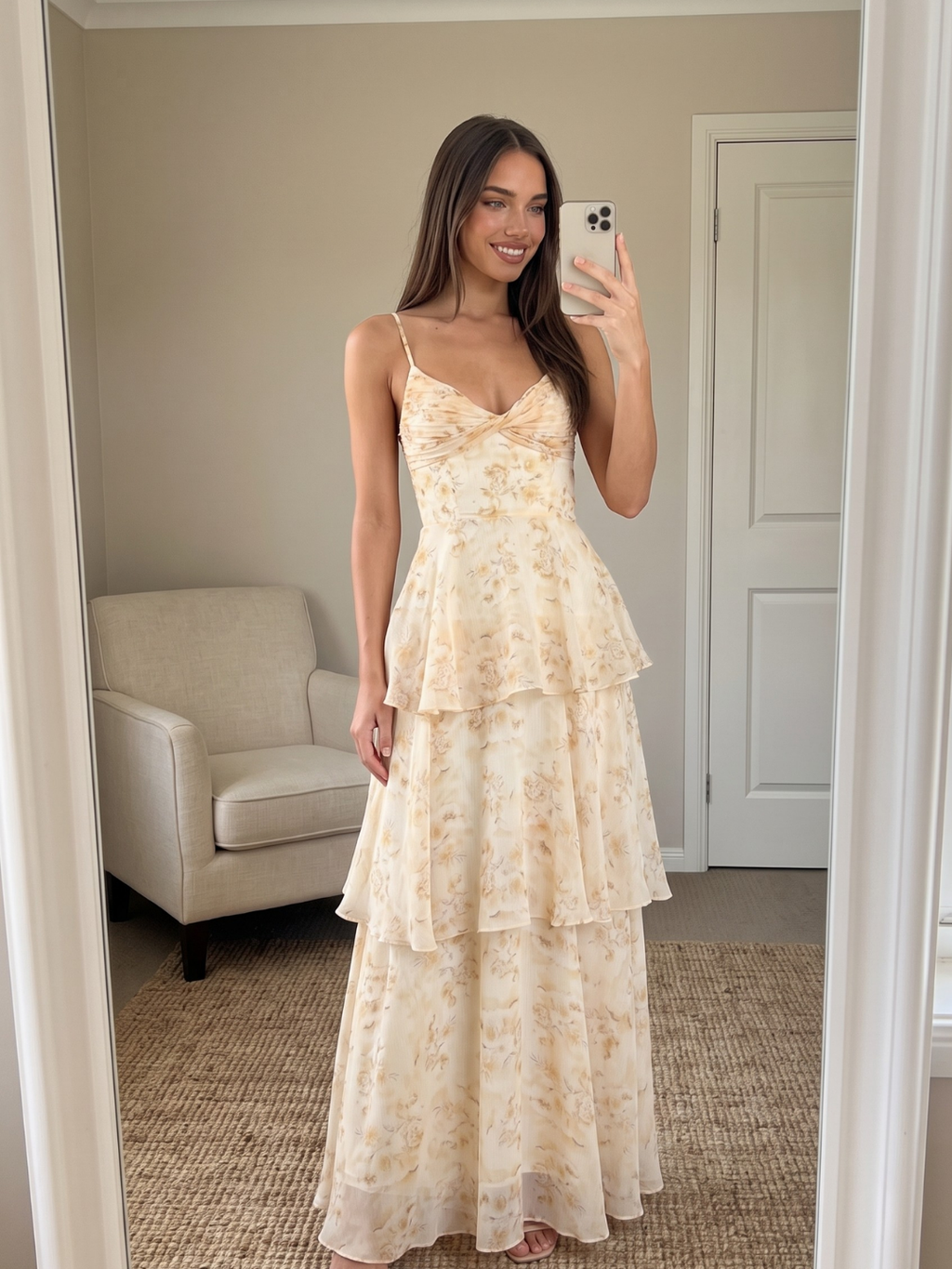Ada pleated twist-front tiered maxi dress in Light Yellow floral — full-length view