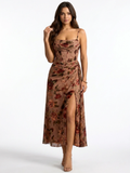 Greta floral chiffon corset midi dress in brown — front view