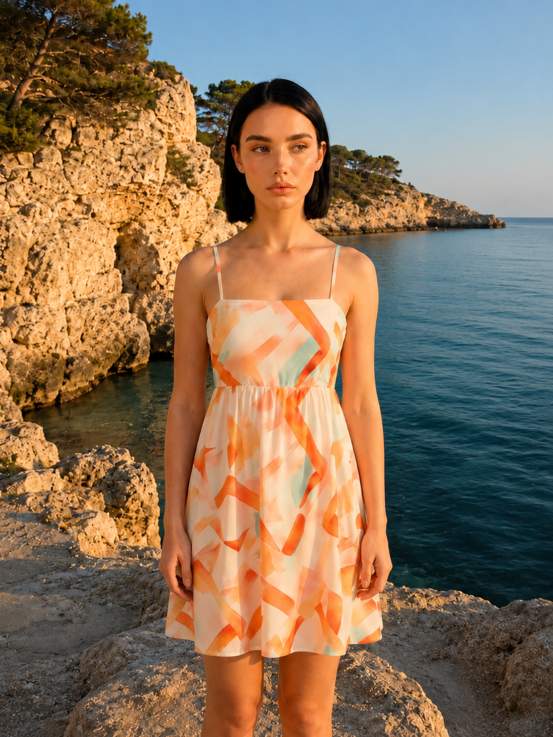 Luna square-neck mini dress in orange abstract print — side view