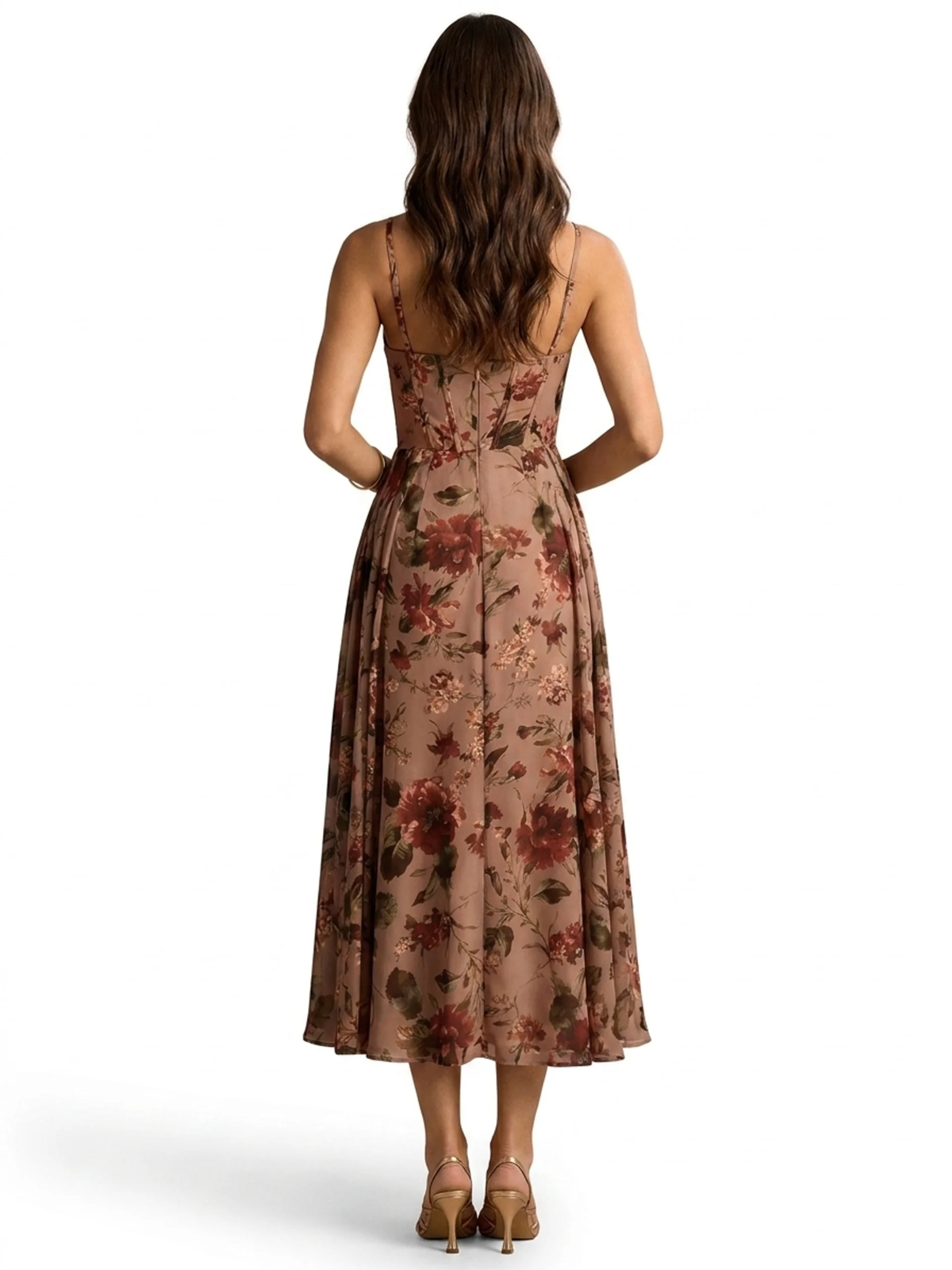Greta floral chiffon corset midi dress in brown — back view