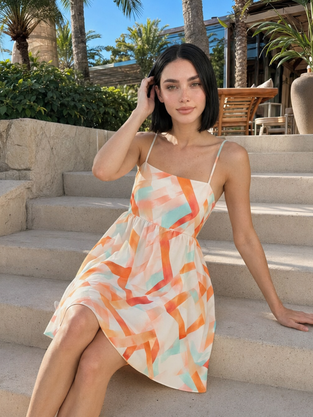 Luna square-neck mini dress in orange abstract print — detail view