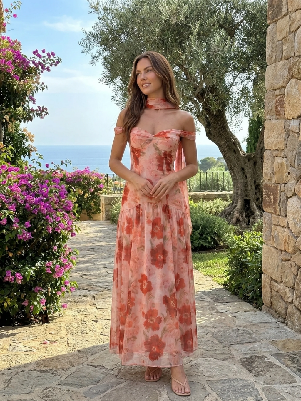 Bree floral off-shoulder maxi dress in red — full-length view