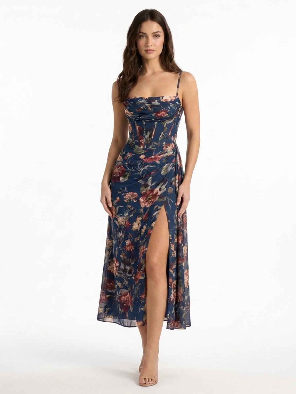 Greta floral chiffon corset midi dress in navy blue — back view