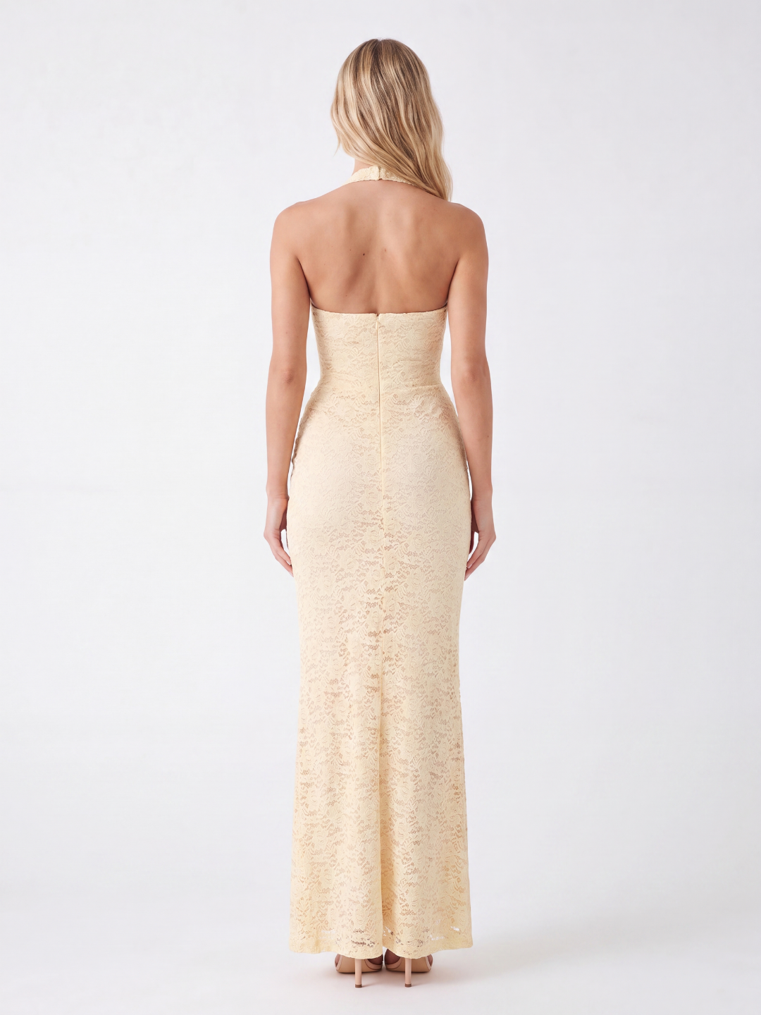 Hattie halter lace maxi dress with V-bodice in light yellow — back view