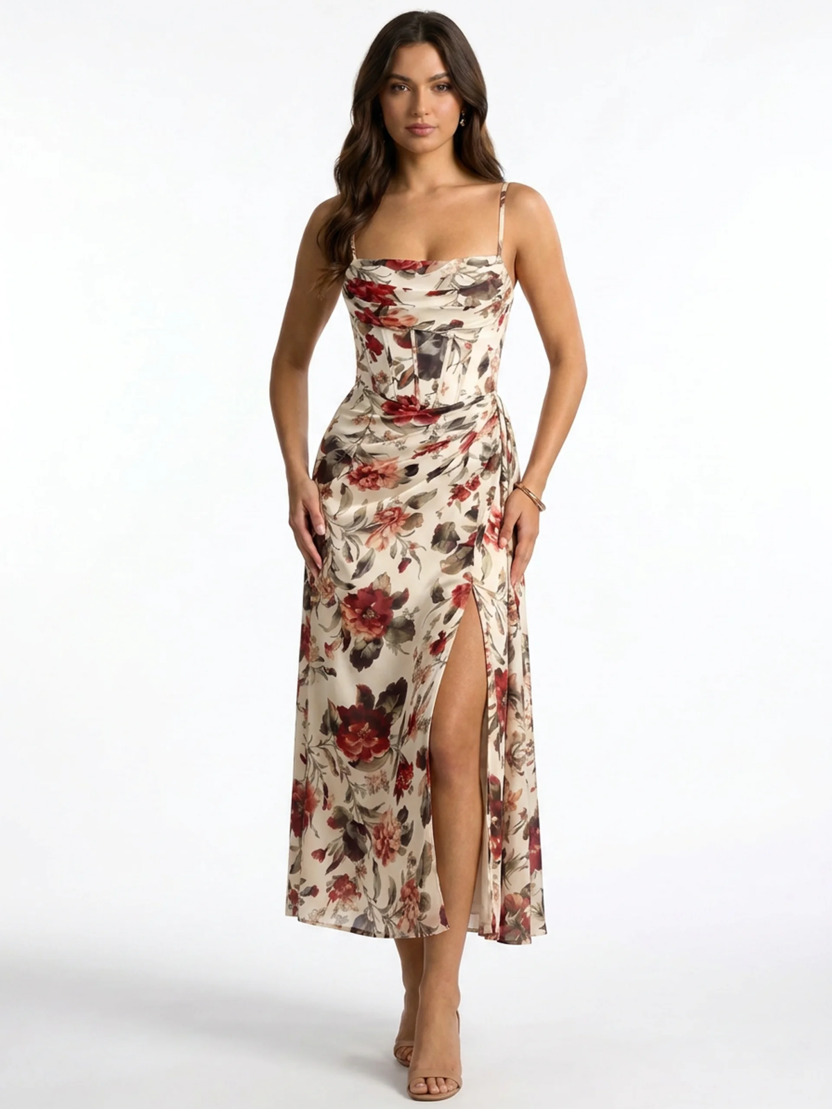 Greta floral chiffon corset midi dress in navy blue — front view
