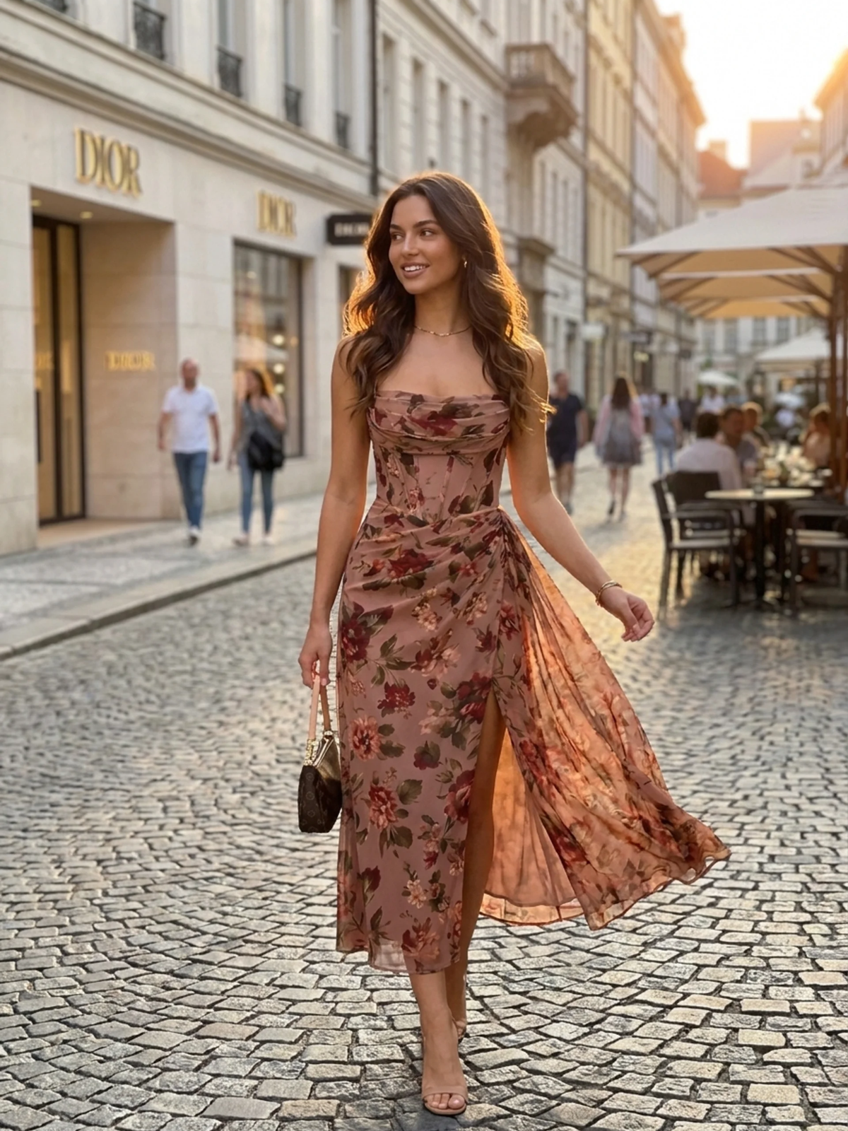 Greta floral chiffon corset midi dress in beige — back view