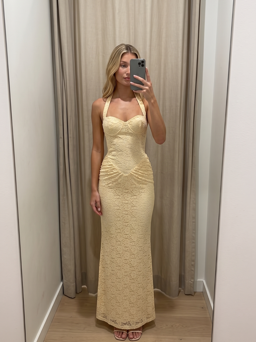 Hattie halter lace maxi dress with V-bodice in white — back view