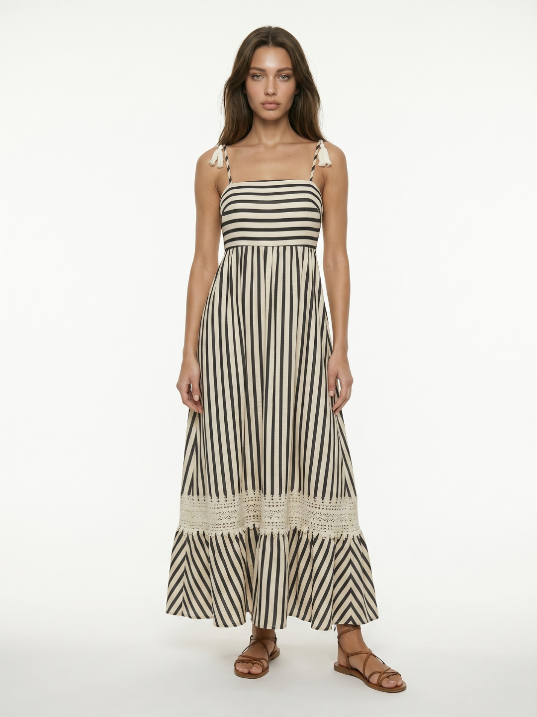 Gwen square-neck striped maxi dress in black and white — front view