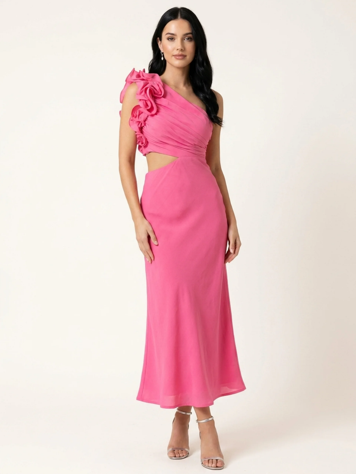 Coco one-shoulder ruffle cutout maxi dress — front view
