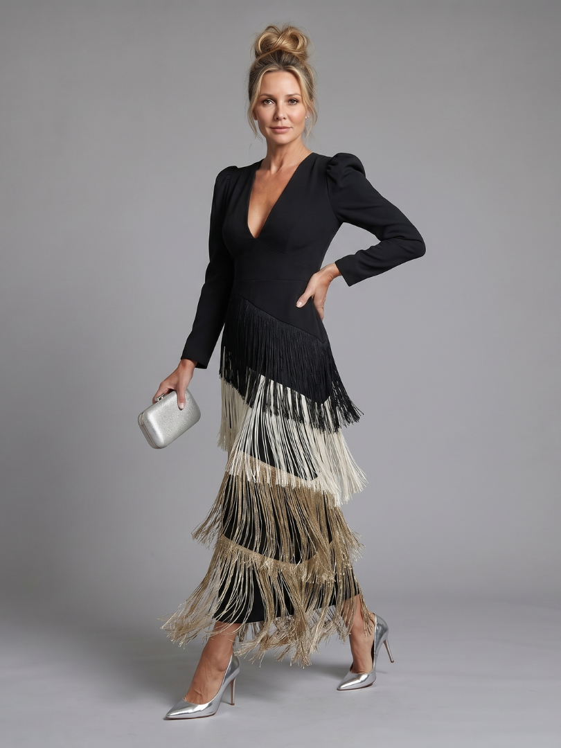Samara fringed tiered wrap maxi dress — full-length view