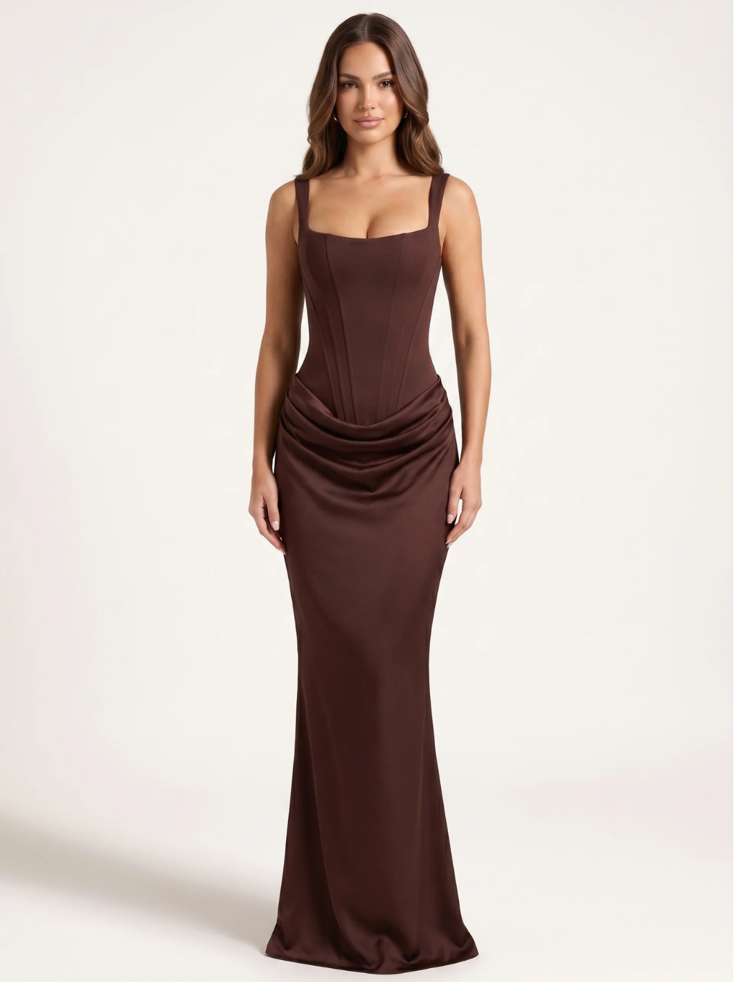Cleo square-neck corset draped maxi dress — side view
