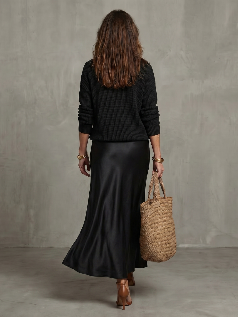 Luciana ribbed knit sweater and bias slip skirt two-piece set — back view