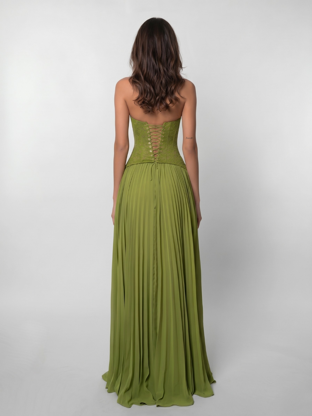 Vada lace corset halterneck pleated maxi dress in green — back view