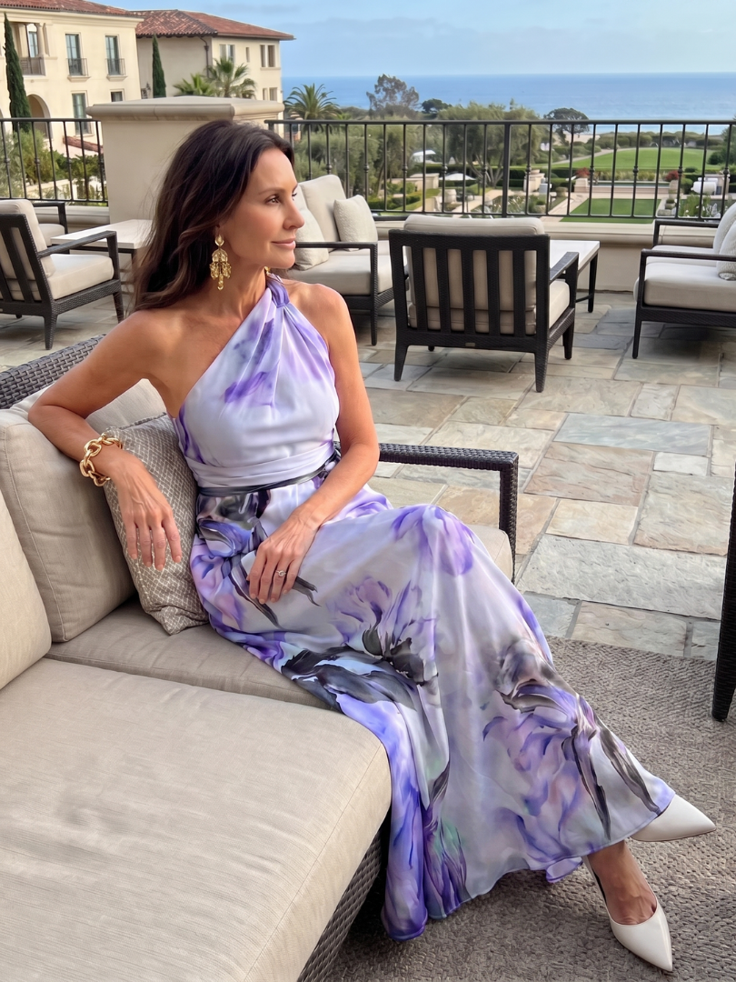 Hester watercolour floral halterneck maxi dress with sash — styled view