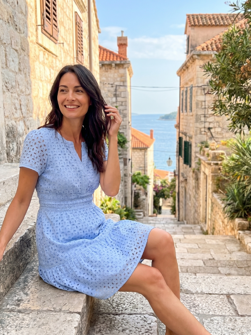 Elarka eyelet flutter-sleeve shirred-waist mini dress — side view